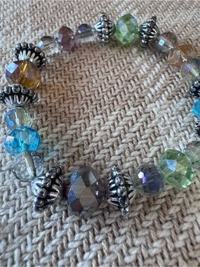 Multicolor Faceted Glass Bead Stretch Bracelet - Silver Accent